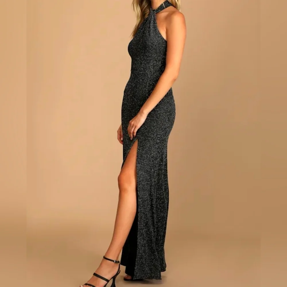 Lulus S Devoted to Dazzling Black Sparkly Halter Mermaid Maxi Dress, Size Small